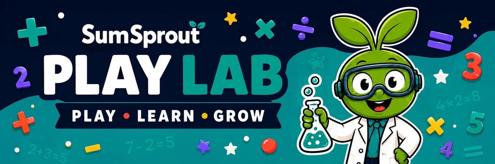 SumSprout Play Lab with Pip the scientist and colourful maths symbols